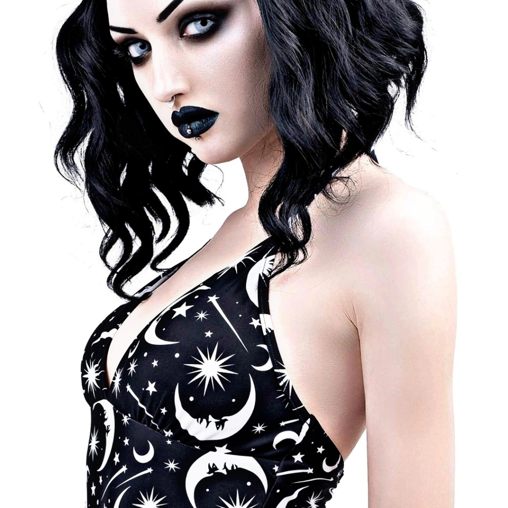 Killstar ✦ Under the Stars ✦ Celestial Halter Lace-Up One-Piece Gothic Swim XS - Picture 5 of 12
